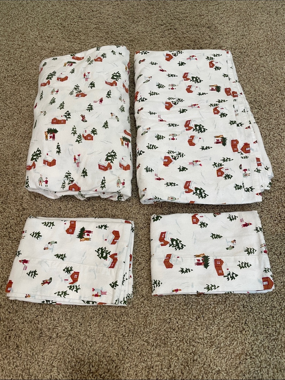 Threshold Holiday Flannel Cotton Sheet Set with Red Cabins and Green Trees